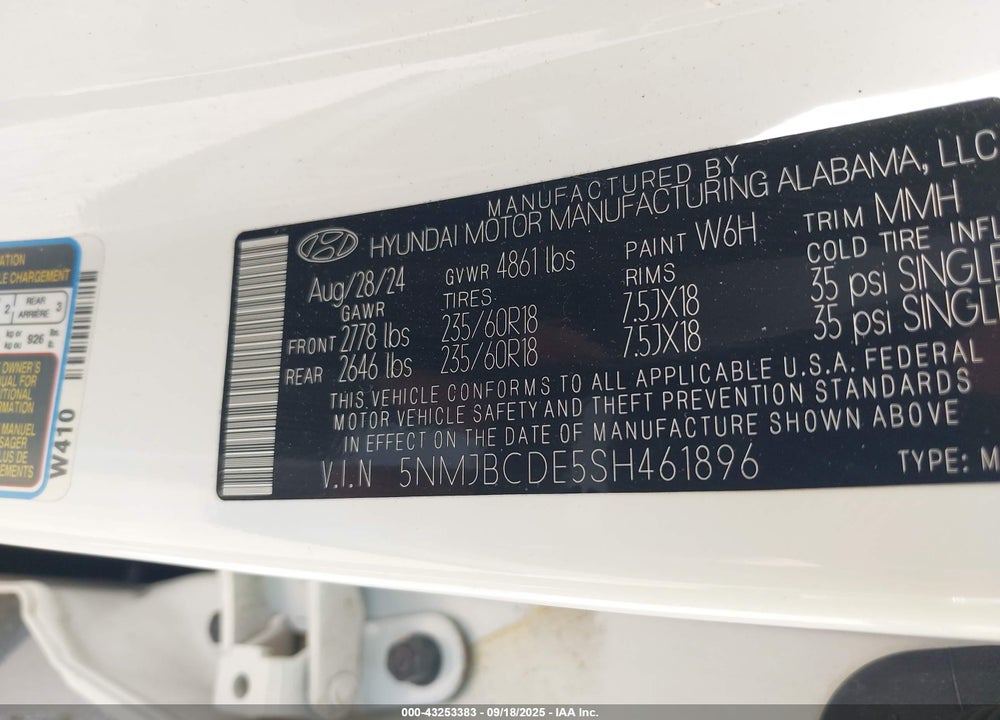 2025 HYUNDAI TUCSON VIN: 5NMJBCDE5SH461896