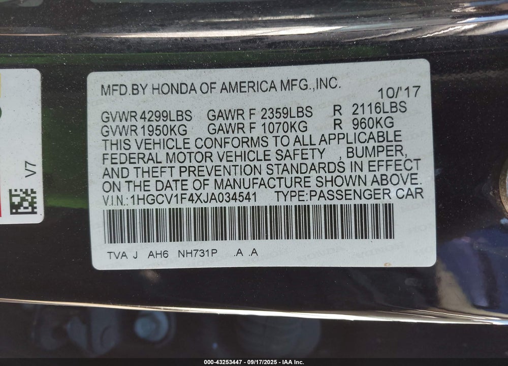 2018 HONDA ACCORD VIN: 1HGCV1F4XJA034541