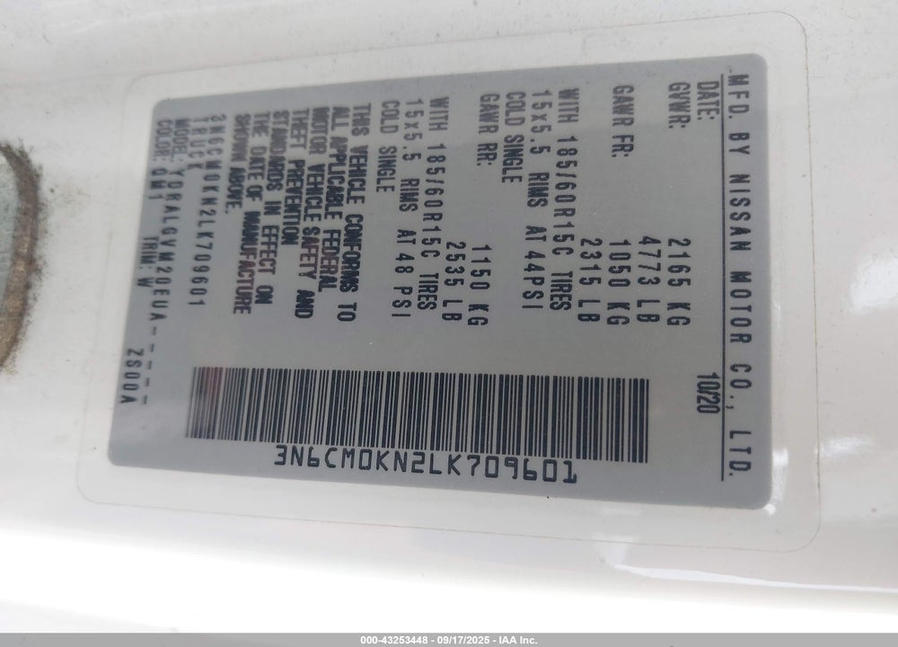 2020 NISSAN NV200  CARGO VIN: 3N6CM0KN2LK709601