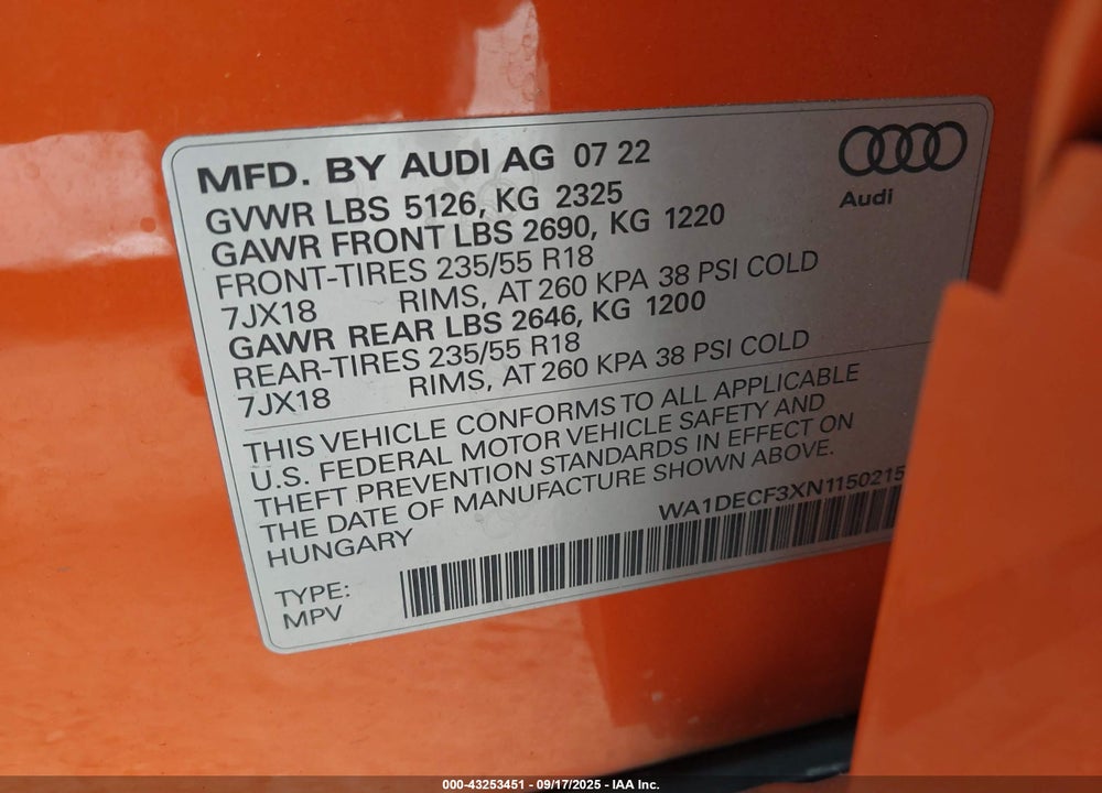 2022 AUDI Q3 VIN: WA1DECF3XN1150215