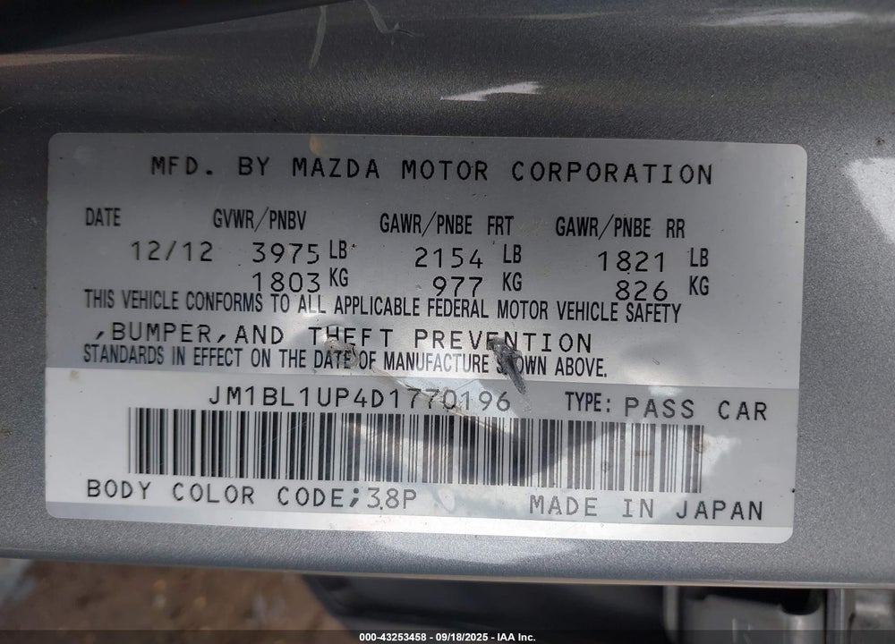 2013 MAZDA 3 VIN: JM1BL1UP4D1770196