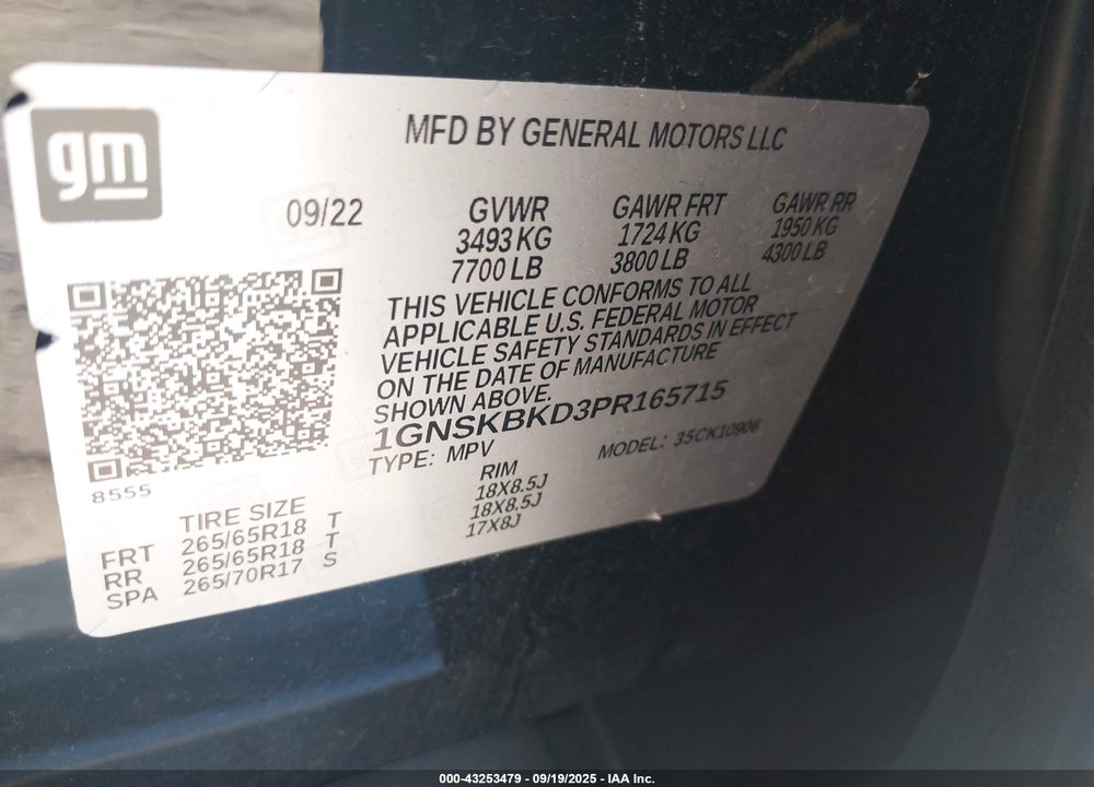 2023 CHEVROLET SUBURBAN VIN: 1GNSKBKD3PR165715