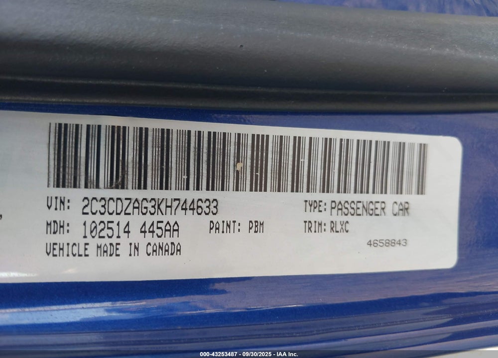 2019 DODGE CHALLENGER VIN: 2C3CDZAG3KH744633