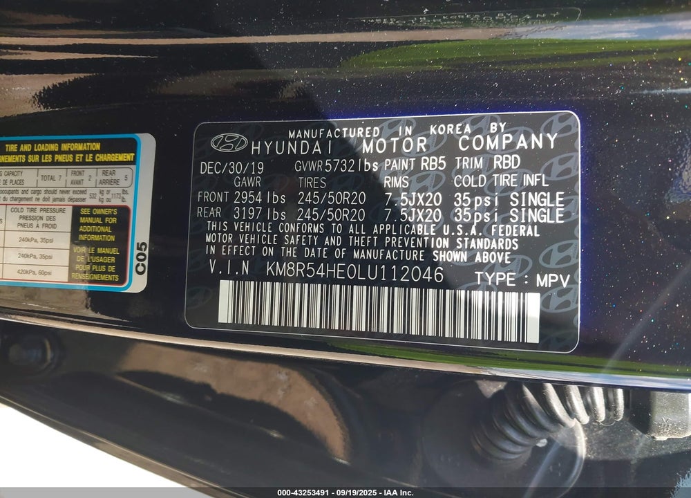2020 HYUNDAI PALISADE LIMITED VIN: KM8R54HE0LU112046