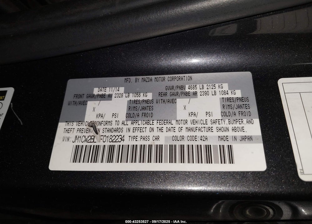 2015 MAZDA 5 VIN: JM1CW2BL1F0182234