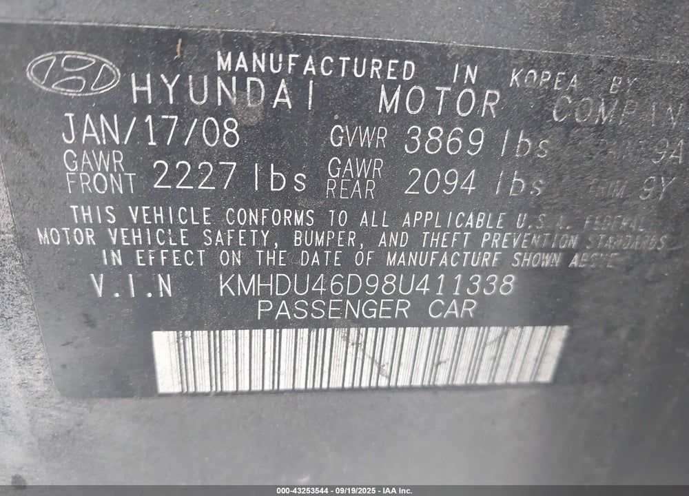 2008 HYUNDAI ELANTRA VIN: KMHDU46D98U411338