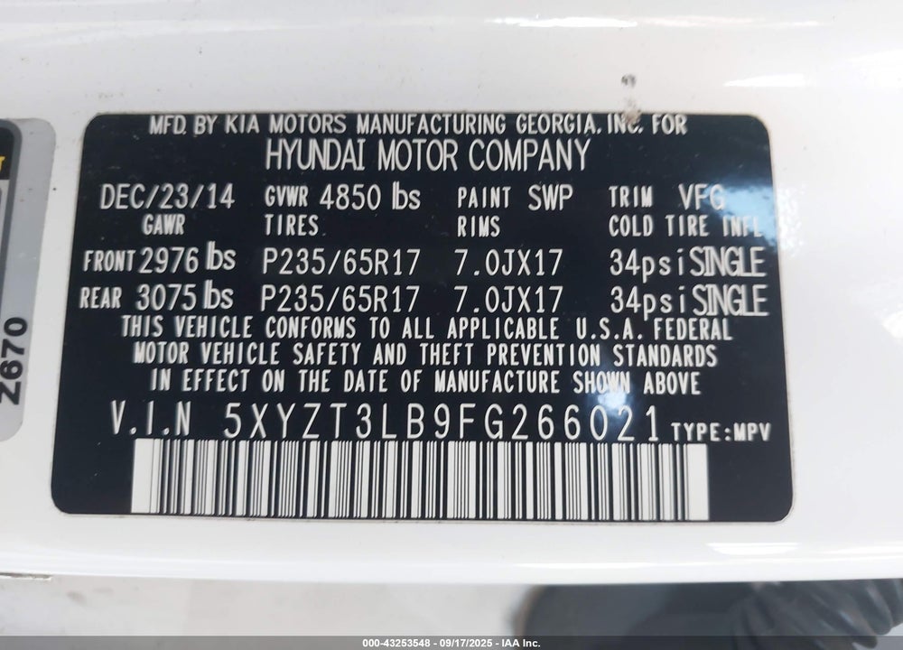 2015 HYUNDAI SANTA FE VIN: 5XYZT3LB9FG266021