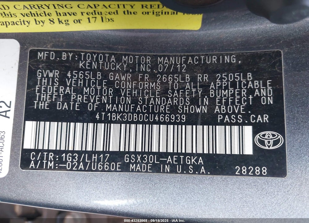 2012 TOYOTA AVALON VIN: 4T1BK3DB0CU466939