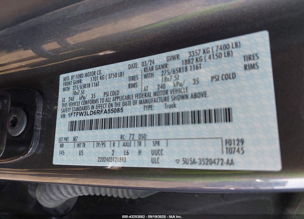 2024 FORD F-150 VIN: 1FTFW3LD6RFA55085