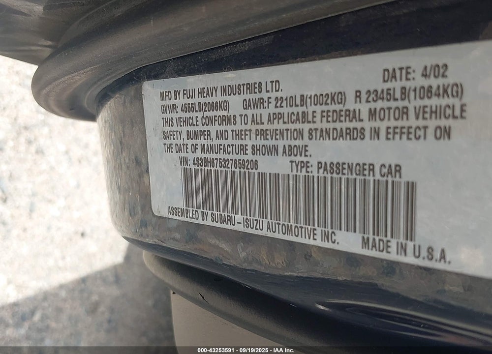 2002 SUBARU OUTBACK VIN: 4S3BH675327659206