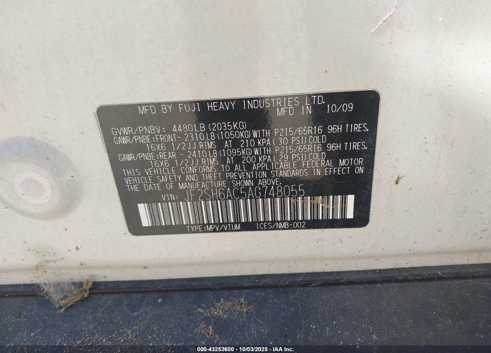 2010 SUBARU FORESTER VIN: JF2SH6AC5AG748055