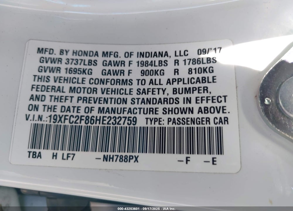 2017 HONDA CIVIC VIN: 19XFC2F86HE232759