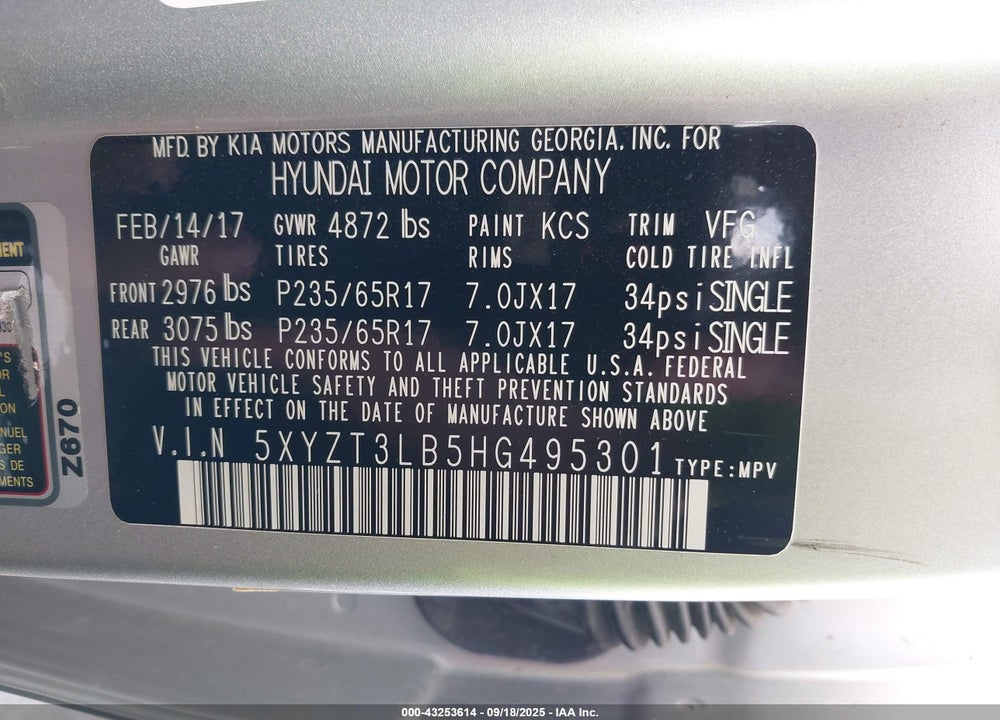 2017 HYUNDAI SANTA FE SPORT VIN: 5XYZT3LB5HG495301
