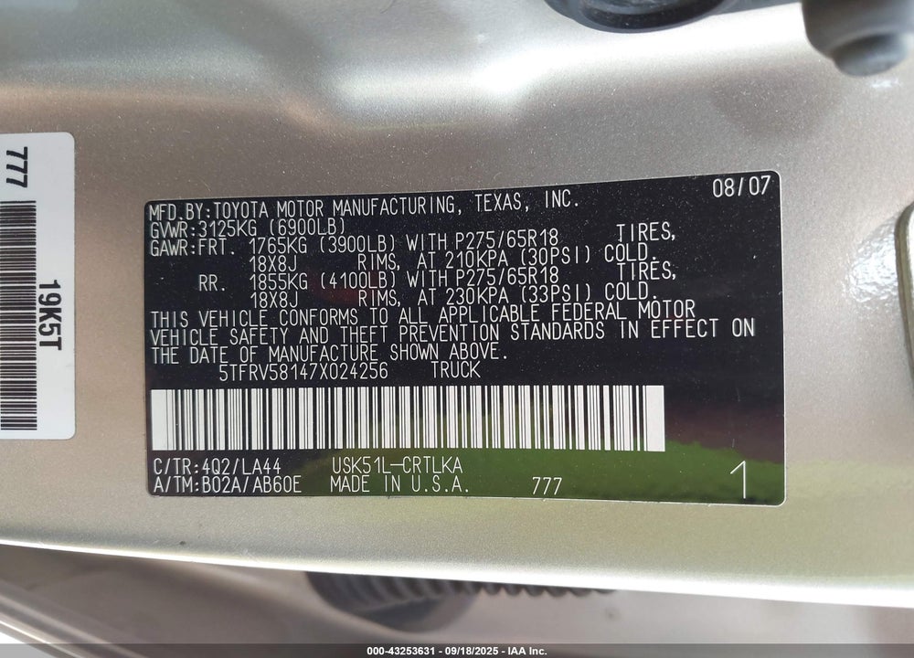 2007 TOYOTA TUNDRA VIN: 5TFRV58147X024256