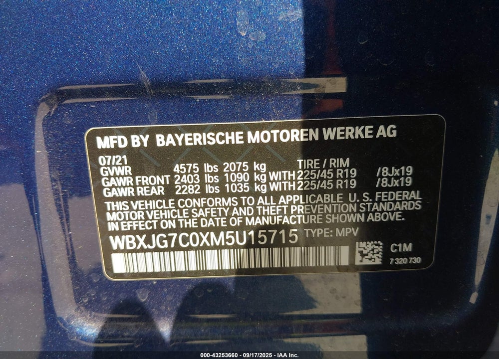 2021 BMW X1 SDRIVE28I VIN: WBXJG7C0XM5U15715