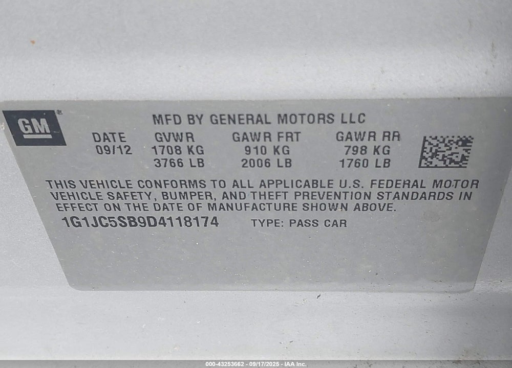 2013 CHEVROLET SONIC LT AUTO VIN: 1G1JC5SB9D4118174