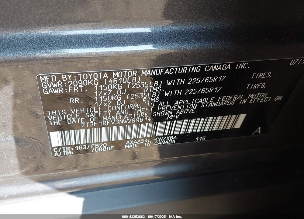 2022 TOYOTA RAV4 VIN: 2T3F1RFV3NW289814