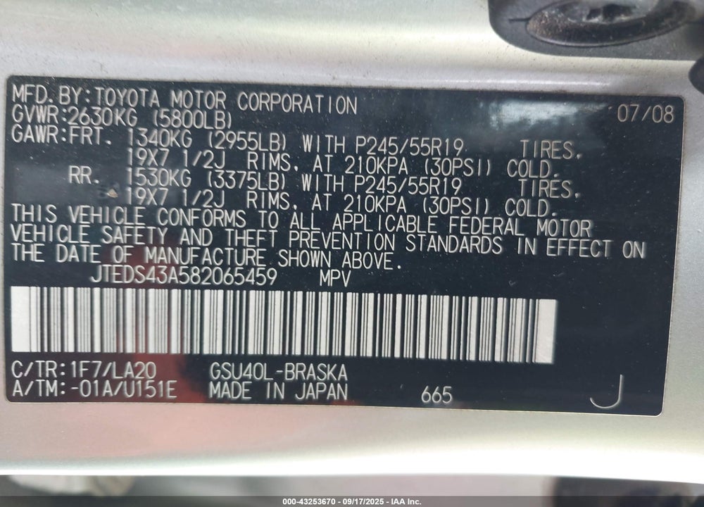 2008 TOYOTA HIGHLANDER VIN: JTEDS43A582065459