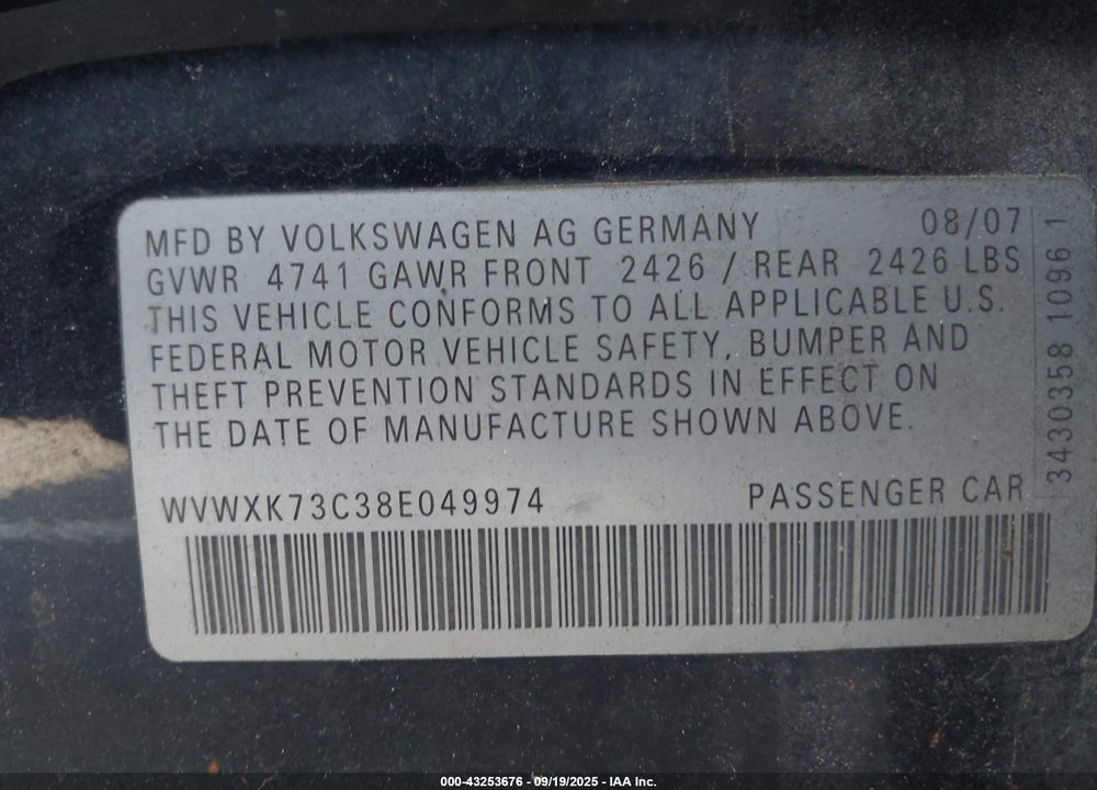 2008 VOLKSWAGEN PASSAT TURBO VIN: WVWXK73C38E049974