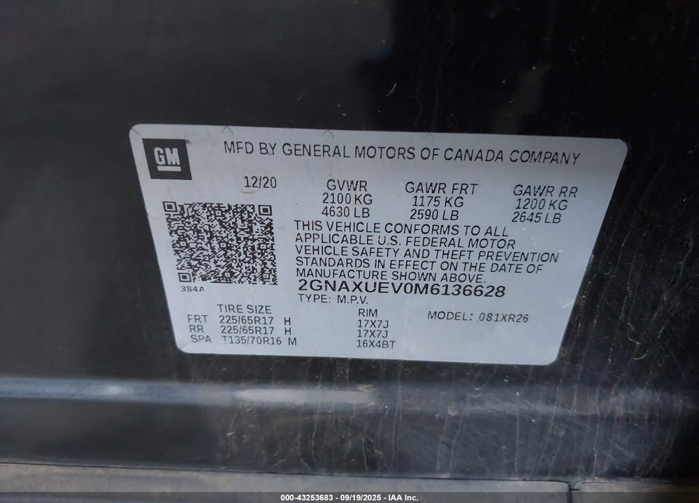 2021 CHEVROLET EQUINOX AWD LT VIN: 2GNAXUEV0M6136628