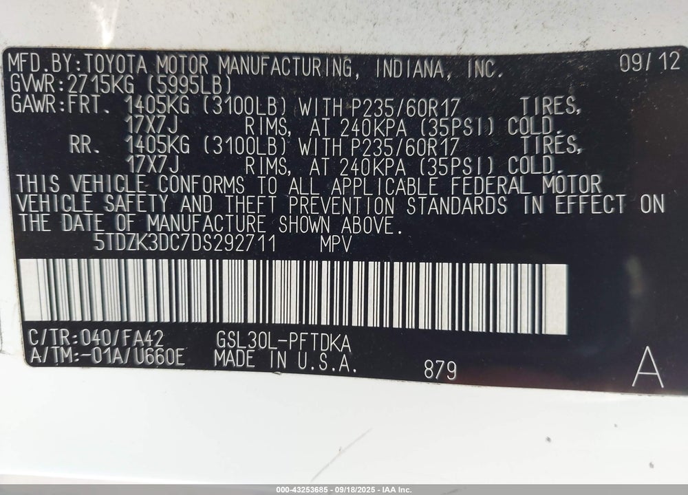 2013 TOYOTA SIENNA L V6 7 PASSENGER VIN: 5TDZK3DC7DS292711