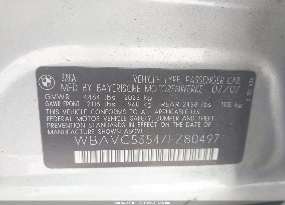2007 BMW 3 SERIES VIN: WBAVC53547FZ80497