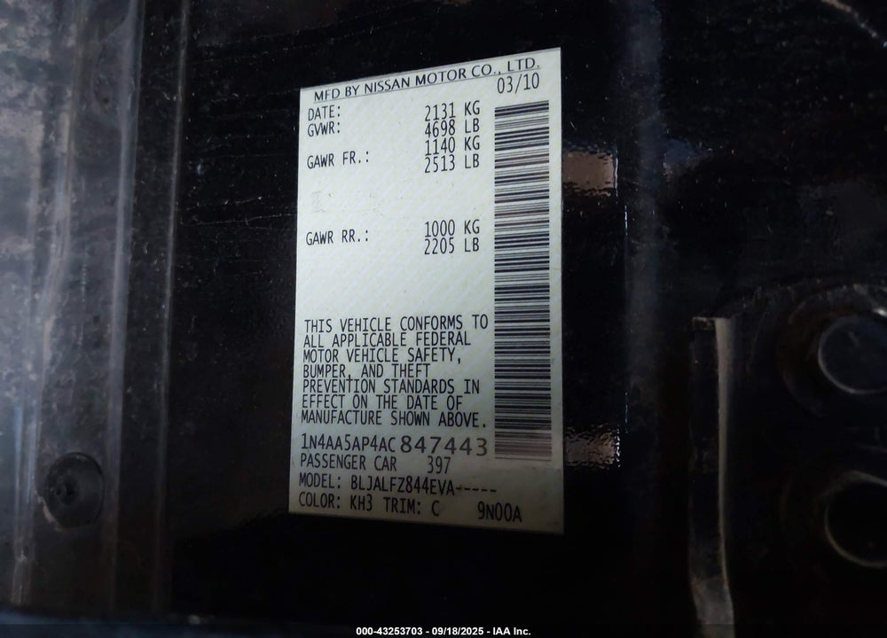 2010 NISSAN MAXIMA VIN: 1N4AA5AP4AC847443