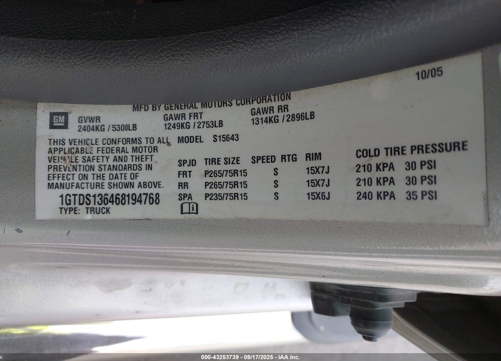 2006 GMC CANYON SLE2 VIN: 1GTDS136468194768