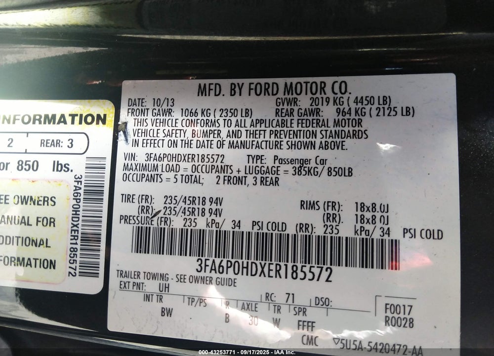 2014 FORD FUSION SE VIN: 3FA6P0HDXER185572