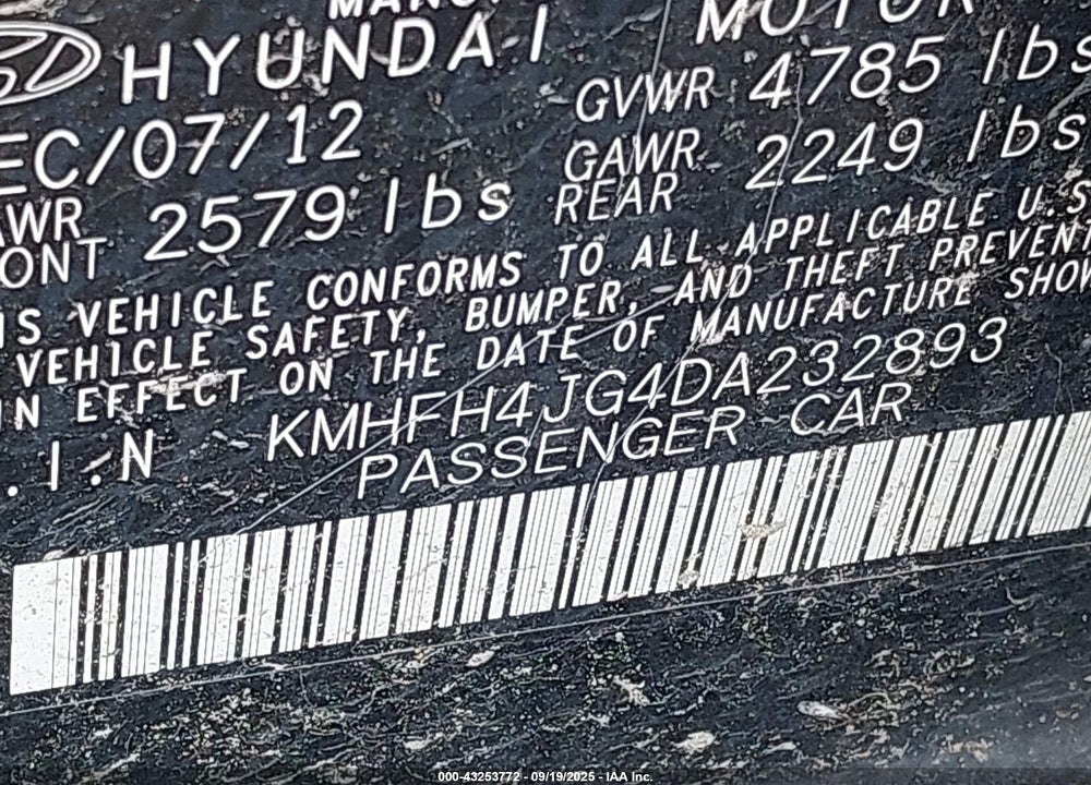 2013 HYUNDAI AZERA VIN: KMHFH4JG4DA232893