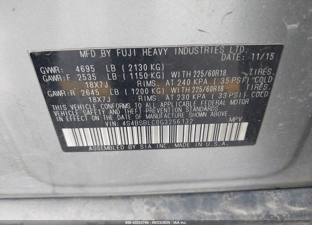 2016 SUBARU OUTBACK VIN: 4S4BSBLC0G3256132