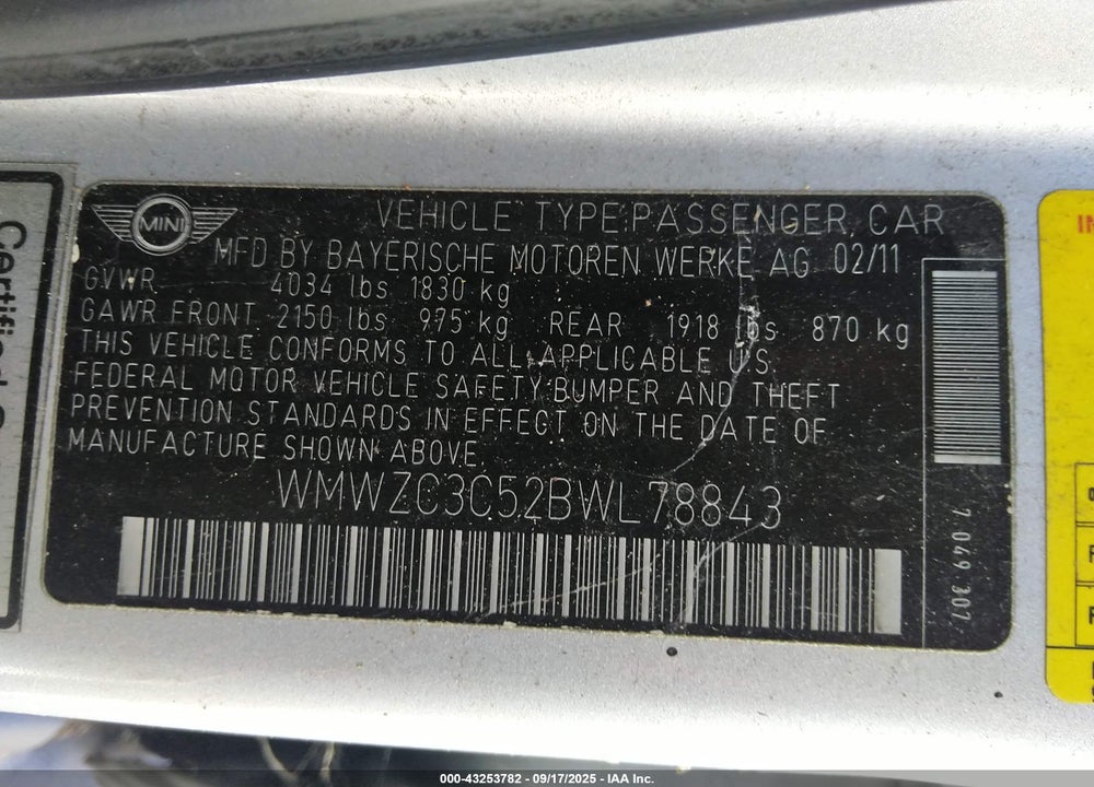 2011 MINI COOPER S COUNTRYMAN VIN: WMWZC3C52BWL78843