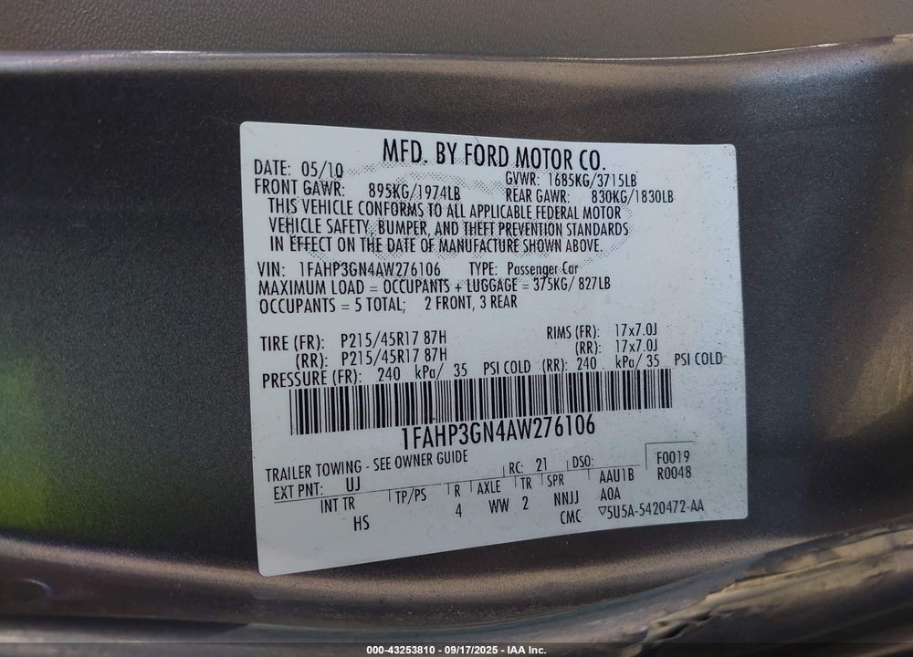 2010 FORD FOCUS SES VIN: 1FAHP3GN4AW276106