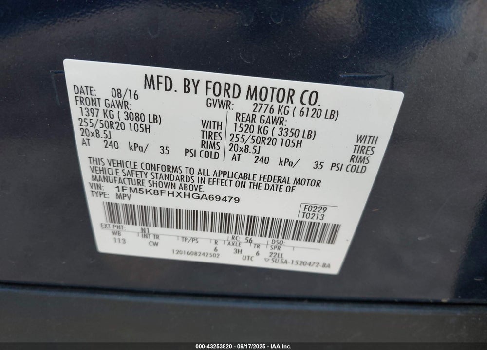 2017 FORD EXPLORER VIN: 1FM5K8FHXHGA69479