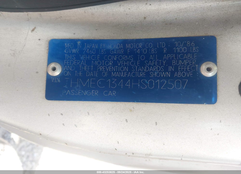 1987 HONDA CIVIC 1500 CRX SI VIN: JHMEC1344HS012507
