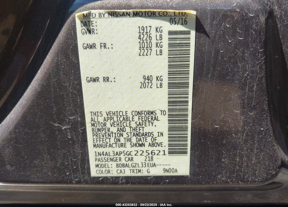 2016 NISSAN ALTIMA VIN: 1N4AL3AP5GC225621