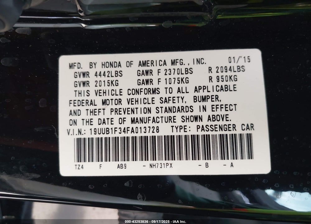 2015 ACURA TLX VIN: 19UUB1F34FA013728