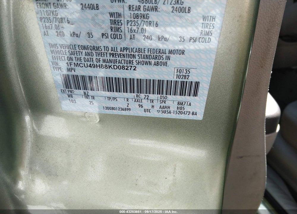 2008 FORD ESCAPE HYBRID VIN: 1FMCU49H88KD08272