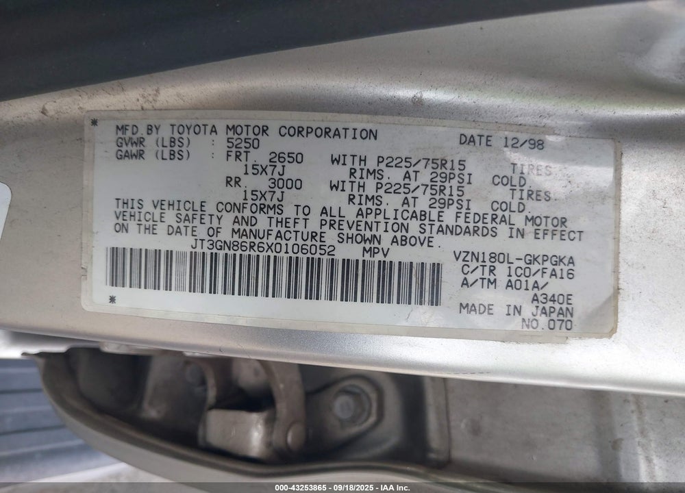 1999 TOYOTA 4RUNNER SR5 V6 VIN: JT3GN86R6X0106052