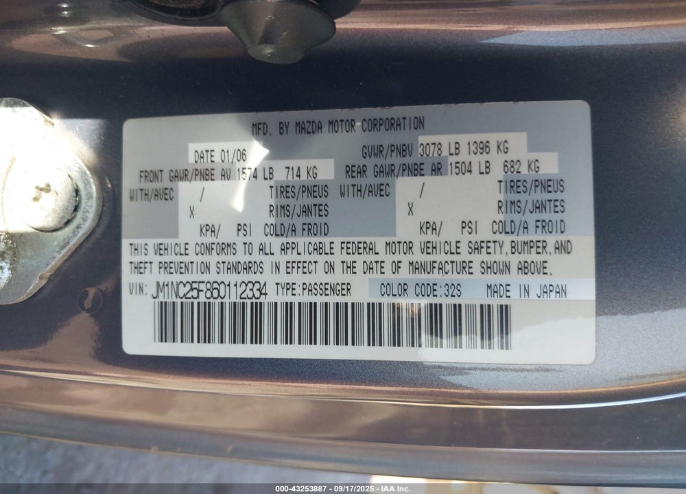 2006 MAZDA MX-5 VIN: JM1NC25F860112334