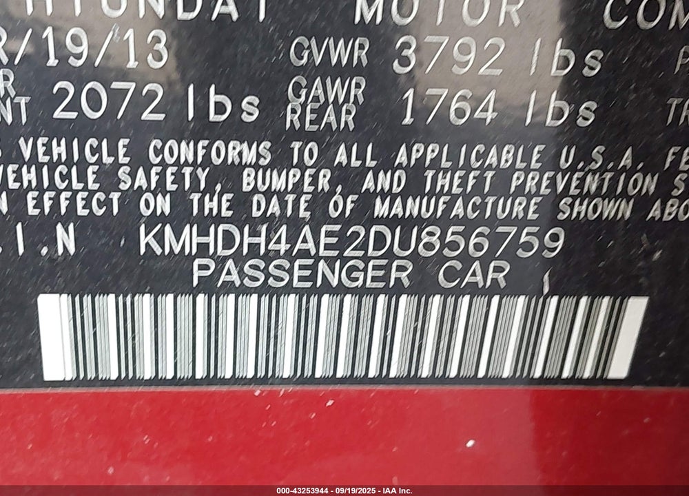 2013 HYUNDAI ELANTRA LIMITED VIN: KMHDH4AE2DU856759