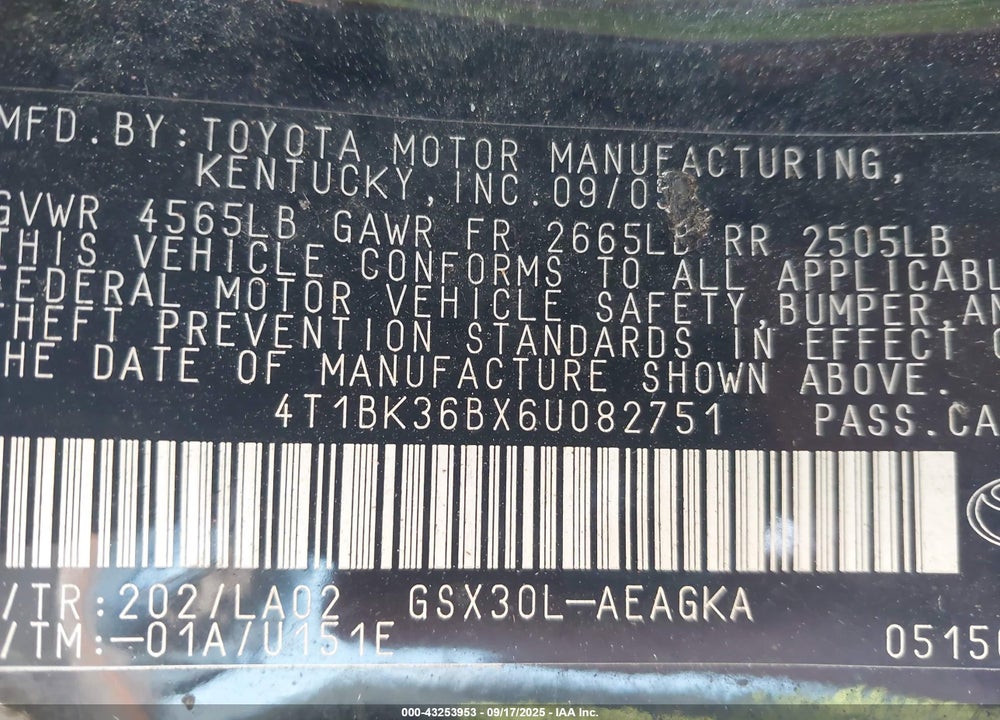 2006 TOYOTA AVALON XLS VIN: 4T1BK36BX6U082751