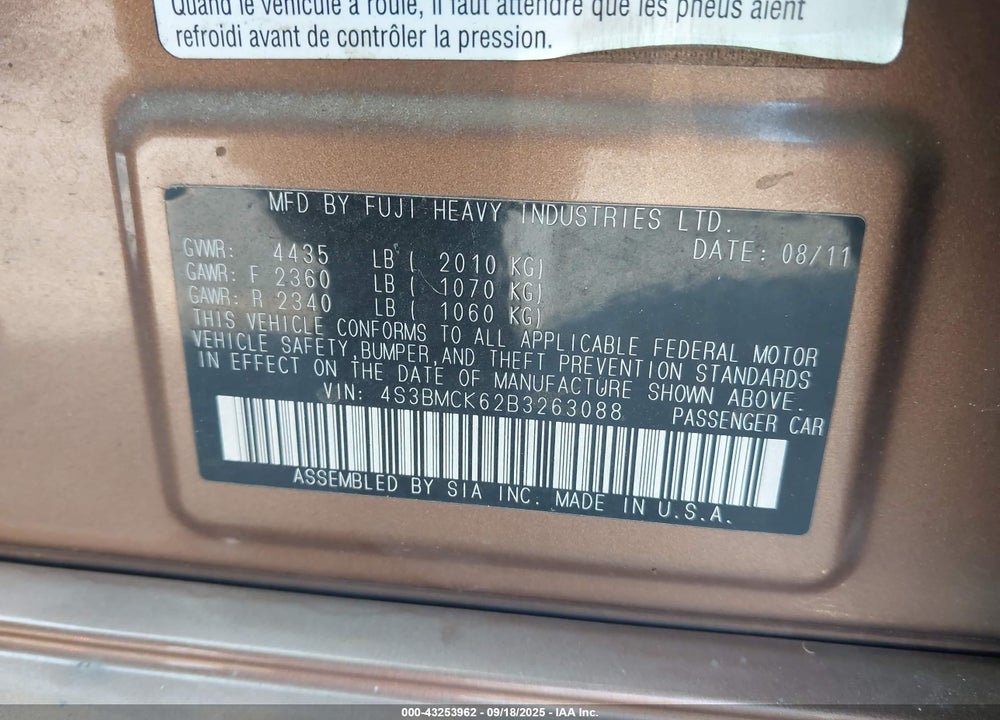 2011 SUBARU LEGACY VIN: 4S3BMCK62B3263088