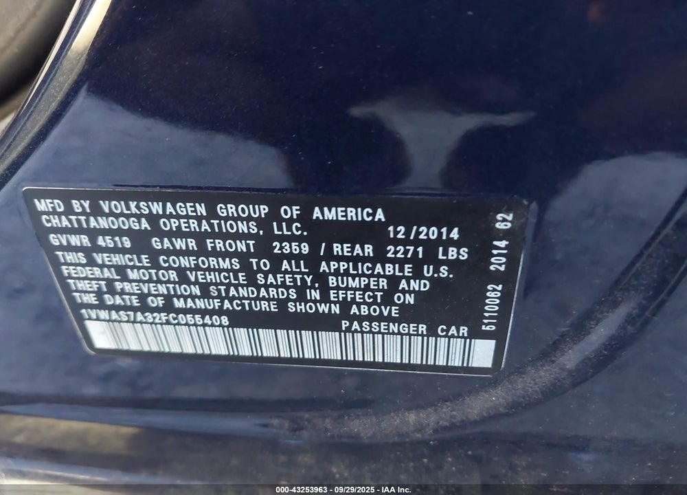 2015 VOLKSWAGEN PASSAT VIN: 1VWAS7A32FC055408