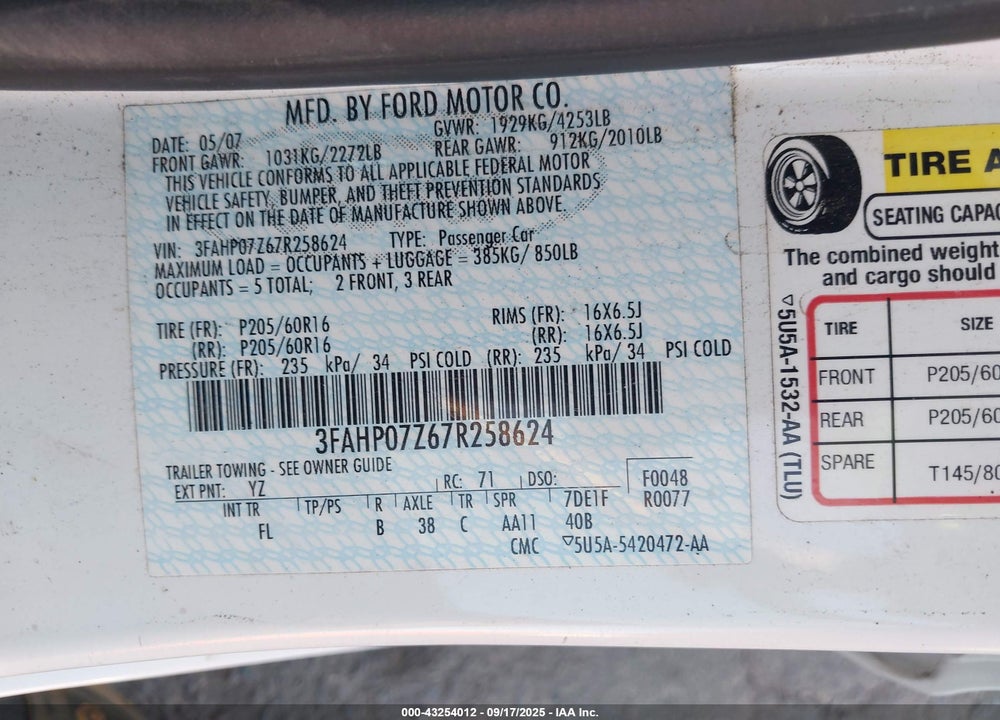 2007 FORD FUSION SE VIN: 3FAHP07Z67R258624