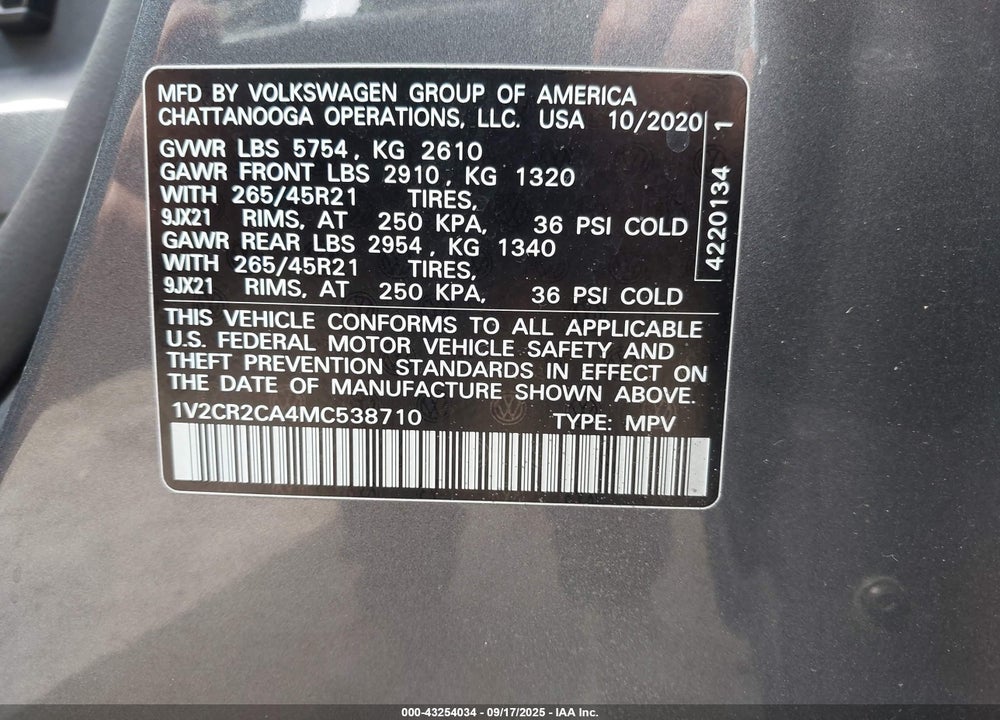 2021 VOLKSWAGEN ATLAS VIN: 1V2CR2CA4MC538710