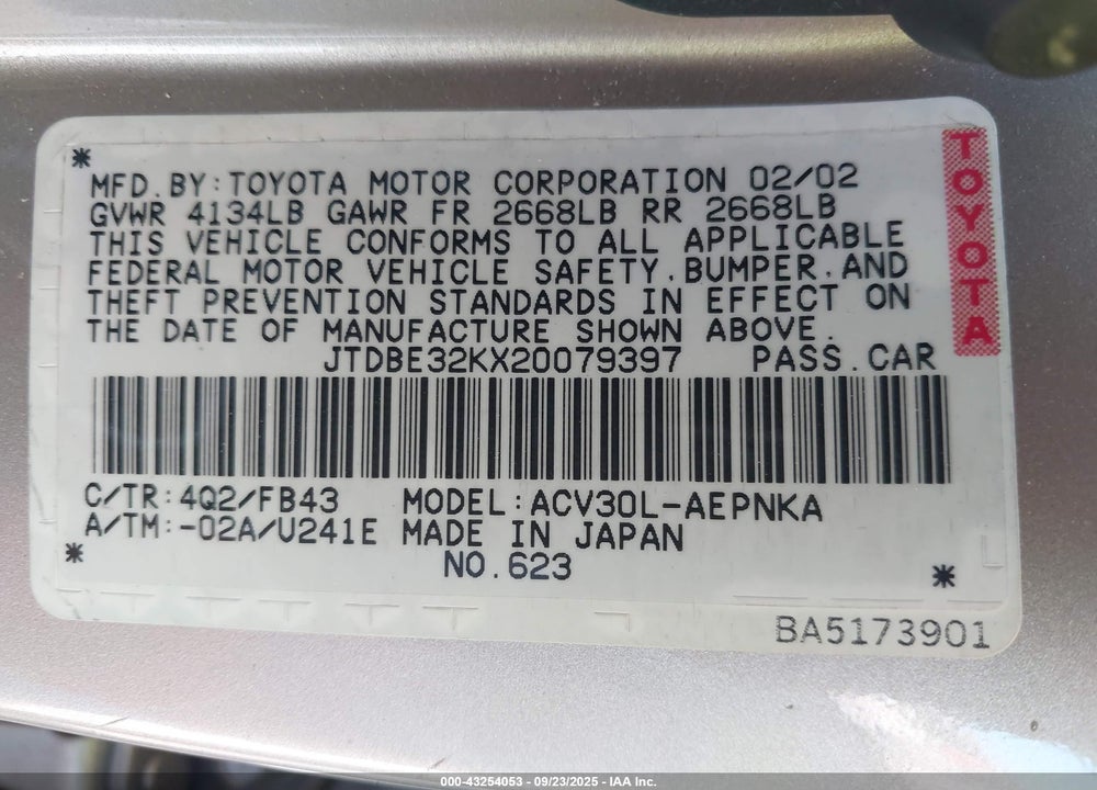 2002 TOYOTA CAMRY LE VIN: JTDBE32KX20079397