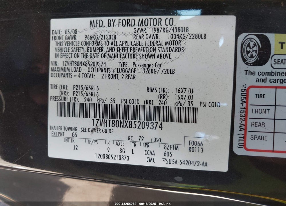 2008 FORD MUSTANG V6 DELUXE/V6 PREMIUM VIN: 1ZVHT80NX85209374
