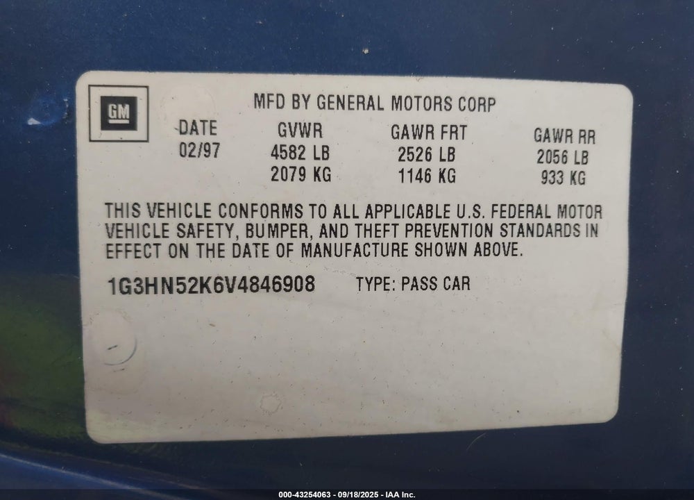 1997 OLDSMOBILE EIGHTY-EIGHT VIN: 1G3HN52K6V4846908