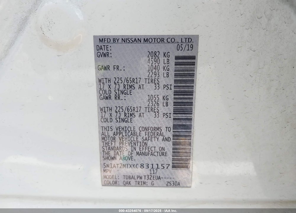 2019 NISSAN ROGUE VIN: 5N1AT2MTXKC831157